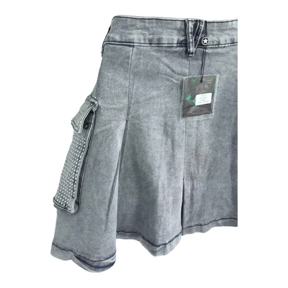 A-line crystal embellished rhinestone utility cargo style mini denim jeans skirt - Picture 13 of 15